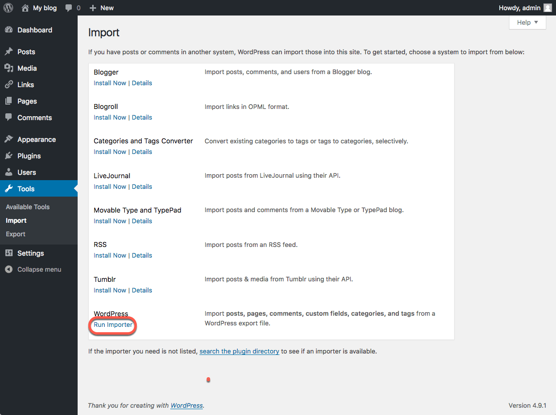 Screenshot showing where to find the WordPress Importer
